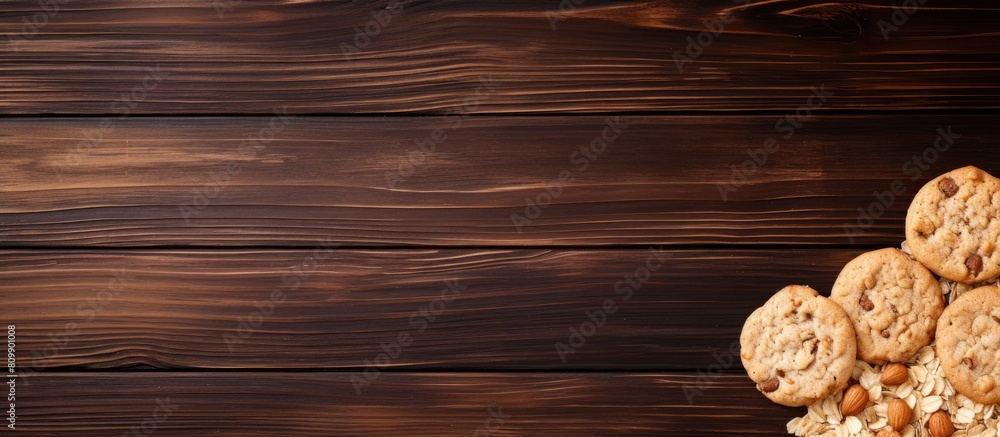 Poster a close up view of oatmeal cookies with peanuts on a dark wooden table seen from the top with ample 