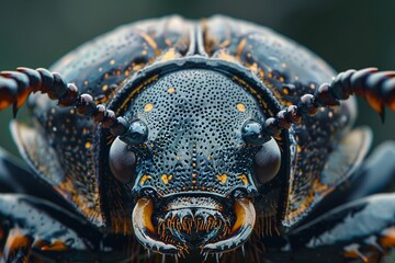 A beetles head, seen up close, displays its powerful jaws and segmented antennae, high resolution DSLR