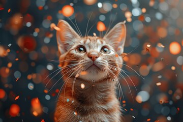 A close-up of a curious orange tabby cat with sparkling bokeh lights in the blurred background