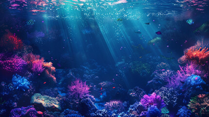 Obraz premium A colorful underwater scene with a variety of fish and coral. Cartoon style. 