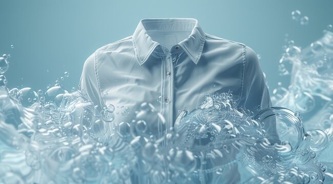 Stylish blue shirt submerged in water with dynamic bubbles and a fresh look