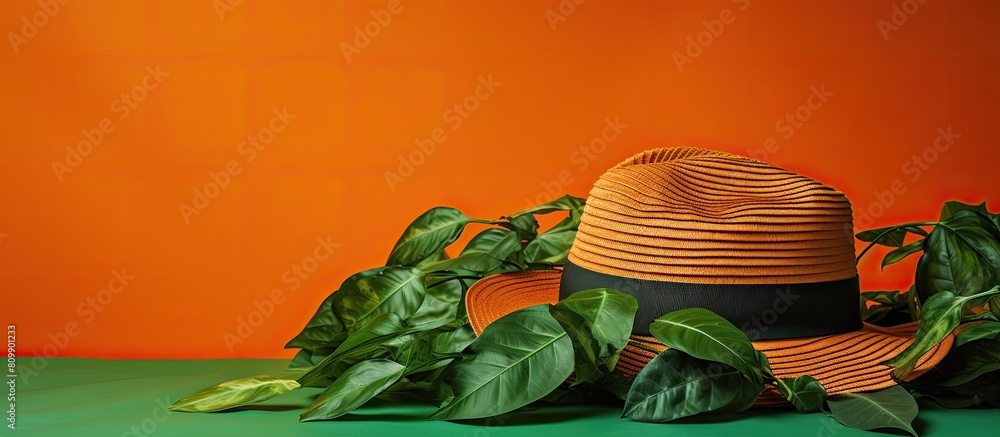 Poster There is an image depicting a summer hat resting on a vibrant green leaf that contrasts with the orange background The image provides ample copy space