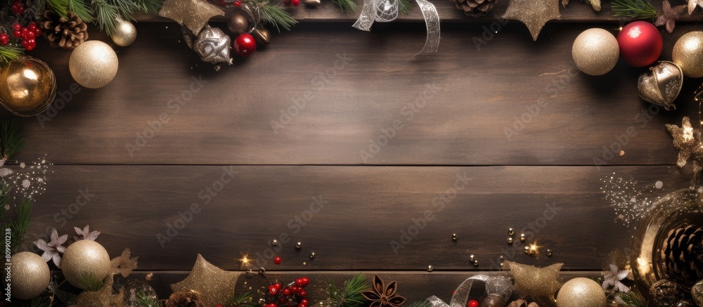 Poster The table is adorned with gift boxes and Christmas ornaments creating a picturesque scene from a top down perspective An empty frame provides a perfect copy space image