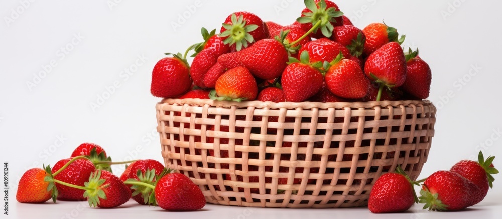 Poster Strawberries arranged in a wicker basket on a white background creating copy space for an image