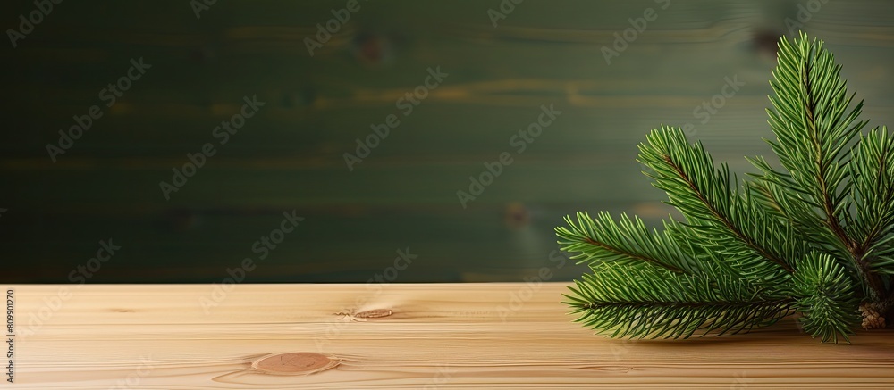 Aufkleber a copy space image of a fake green spruce with room for writing on a backdrop of real wood