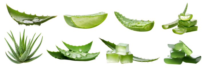 Green Aloe vera vegetable plant, many angles and view side top front cluster pile group isolated on transparent background cutout, PNG file. Mockup template for artwork graphic design