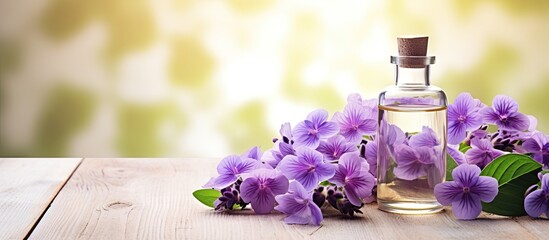 Spring flowers like the stunning wood violets and essential oil adorn a white table creating a...