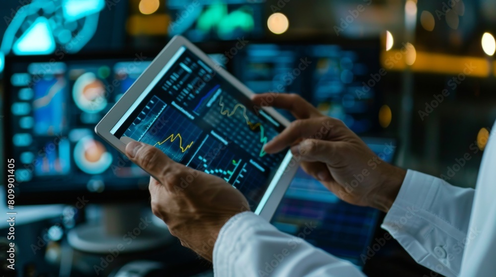 Poster A financial analyst examining a digital tablet with various business graphs, conducting in-depth research for investment recommendations.