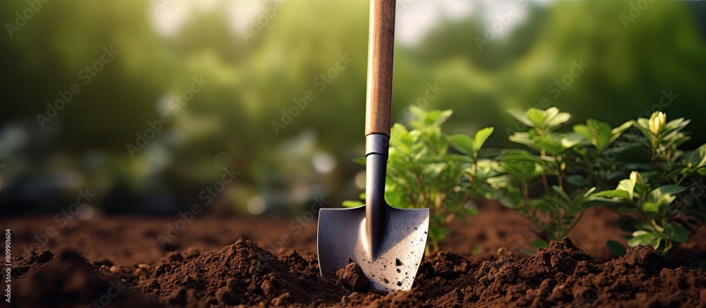 Poster gardening tool being used to shovel soil outdoors creating ample space for text in the image