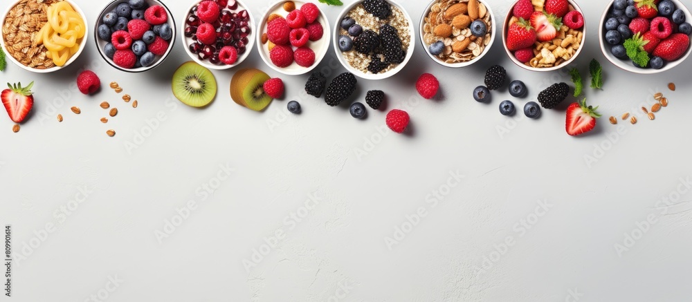 Aufkleber Top view of a collection of bowls filled with granola yogurt and berries placed on a grey background A visually appealing copy space image illustrating a variety of breakfast options to choose from