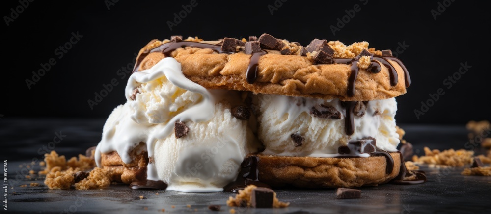 Poster Delicious cookie sandwich filled with creamy vanilla ice cream perfect for indulging in a sweet treat Incredible copy space image