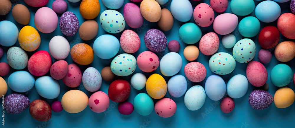 Poster a colorful background sets the stage for stunningly painted easter eggs in a flat lay composition of