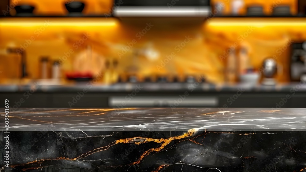 Poster blurry bokeh kitchen background with empty dark marble table for product display. concept product ph