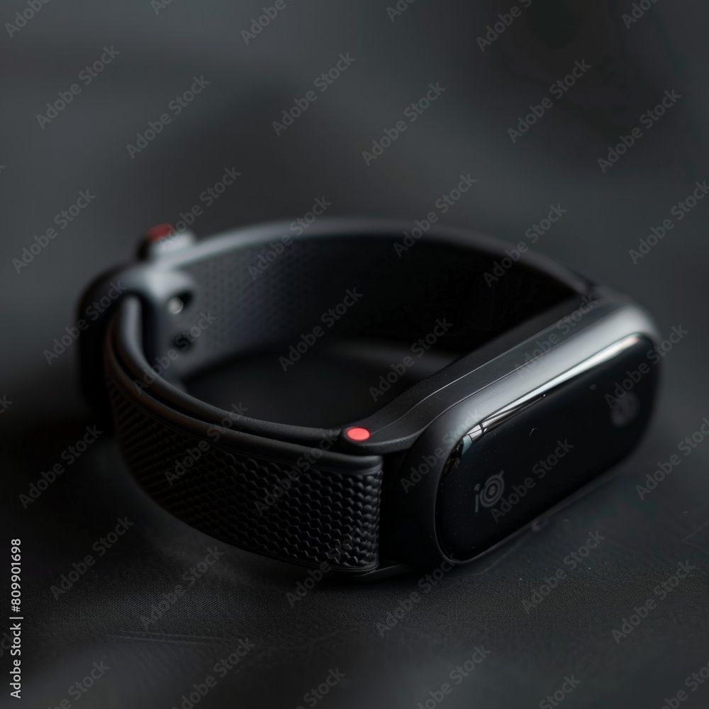 Poster a detailed view of a smart watch placed on a dark black surface, showcasing its sleek design and tec