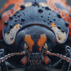 A closeup of a ladybugs head reveals its tiny antennae and intricate compound eyes, high resolution DSLR