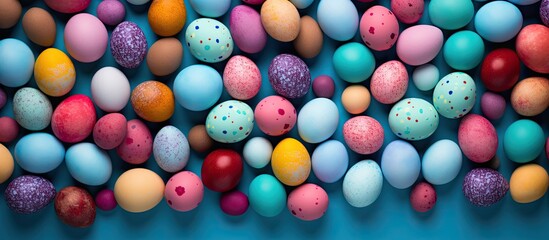 Fototapeta premium A colorful background sets the stage for stunningly painted Easter eggs in a flat lay composition offering plenty of copy space for text