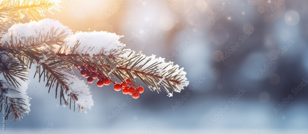 Poster a wintry christmas themed image with a snow covered pine branch illuminated by sun rays against a bo