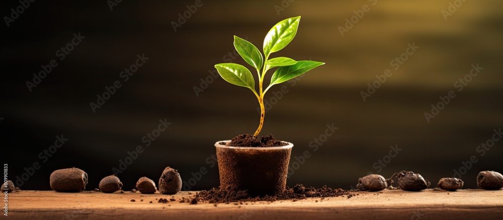 Poster a concept of growing and planting a green sapling coffee seed representing newborn or afforestation 