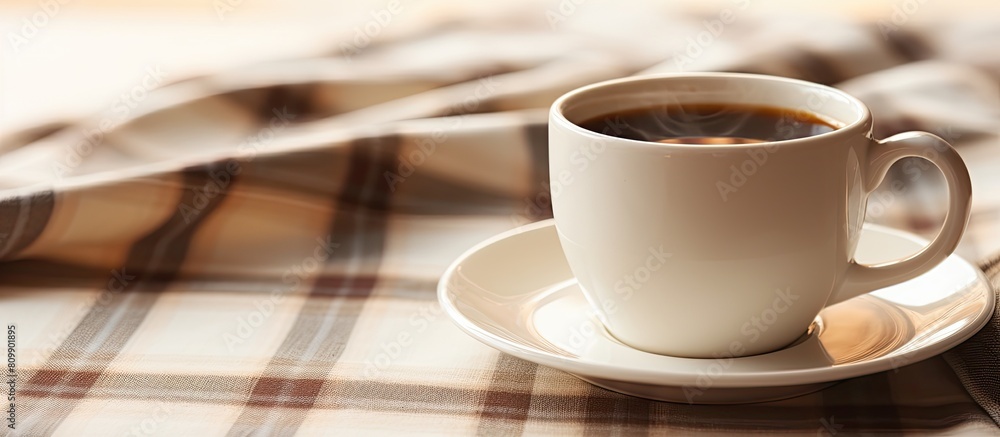 Poster Copy space image of a white coffee cup resting on a plaid tablecloth with subtle cream brown and beige tones creating a shallow depth of field effect