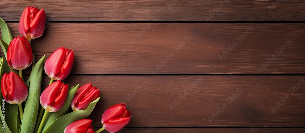 Poster a top down view of red tulips displayed on a rustic wooden table with ample empty space for other el
