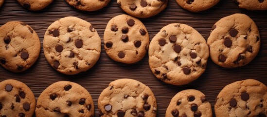 A top view of brown chocolate chip cookies used as a textured background for a copy space image
