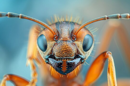A closeup of an ants head shows its powerful mandibles and segmented antennae, high resolution DSLR