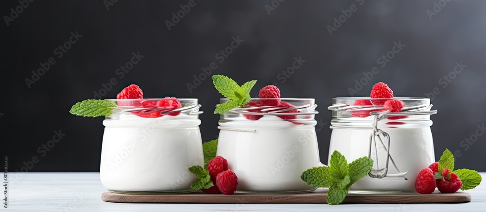 Poster copy space image of healthy summer food concept featuring jars of natural yogurt topped with berry s
