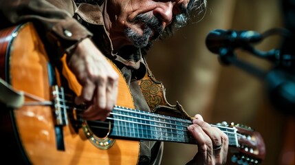 Obraz premium A musician plays an acoustic guitar on stage. He has a mustache and long hair. He is wearing a brown leather jacket.