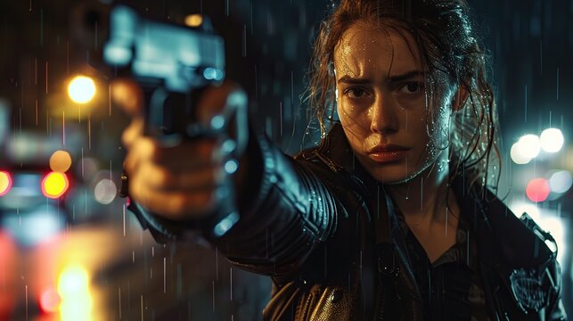 Young woman in black jacket points gun in rain, police officer or killer holding weapon at night. Female detective with pistol on dark street. Concept of spy, thriller movie. copy space for text.