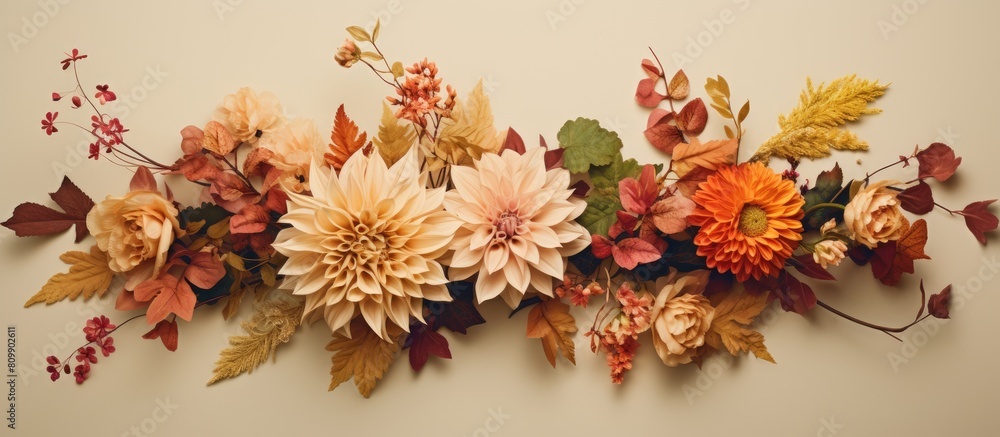 Poster A stunning autumn arrangement of flowers and leaves beautifully arranged in the garden captured from above The composition appears as a flat layout with a copy space image set against a beige backgro