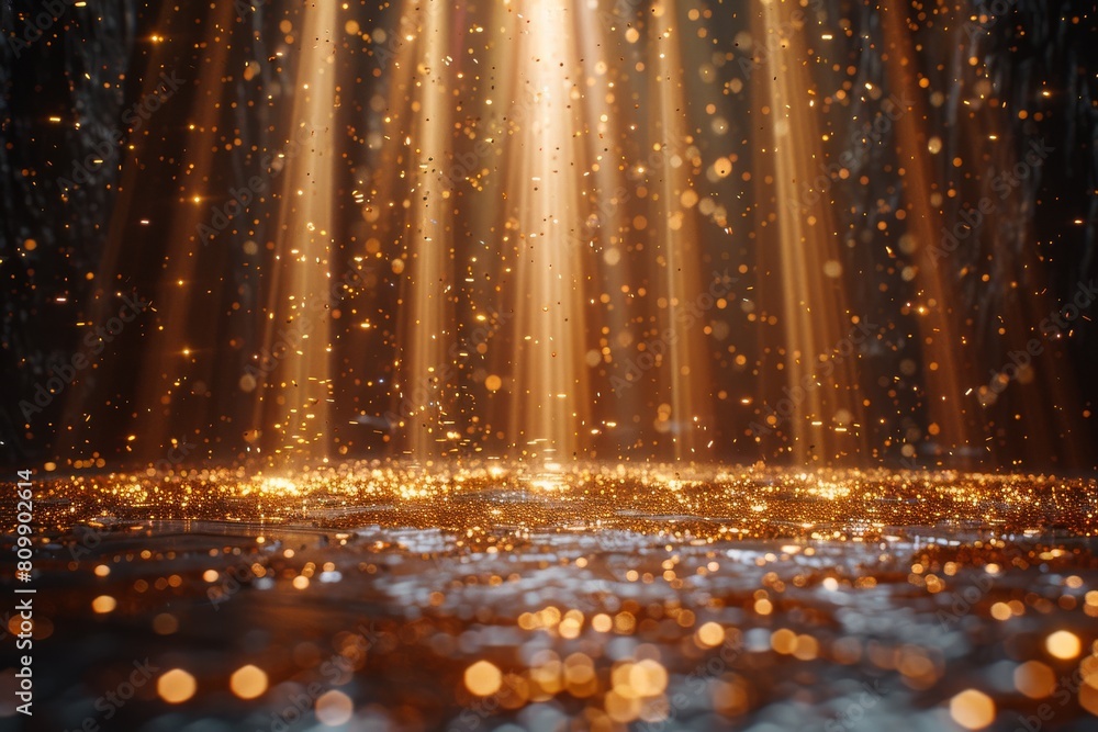 Poster a dream-like scene filled with a shower of golden bokeh lights creating a sense of magic and wonder 