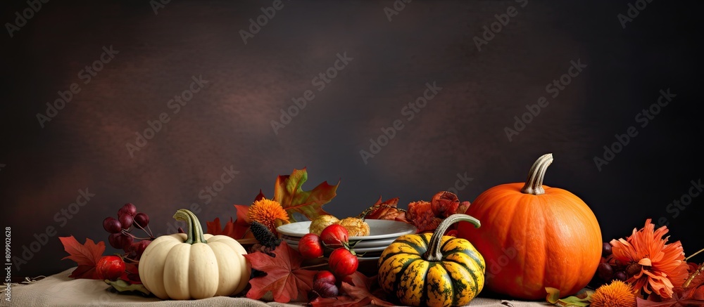 Aufkleber festive autumn thanksgiving table with blank menu invite card and pumpkins providing a copy space im