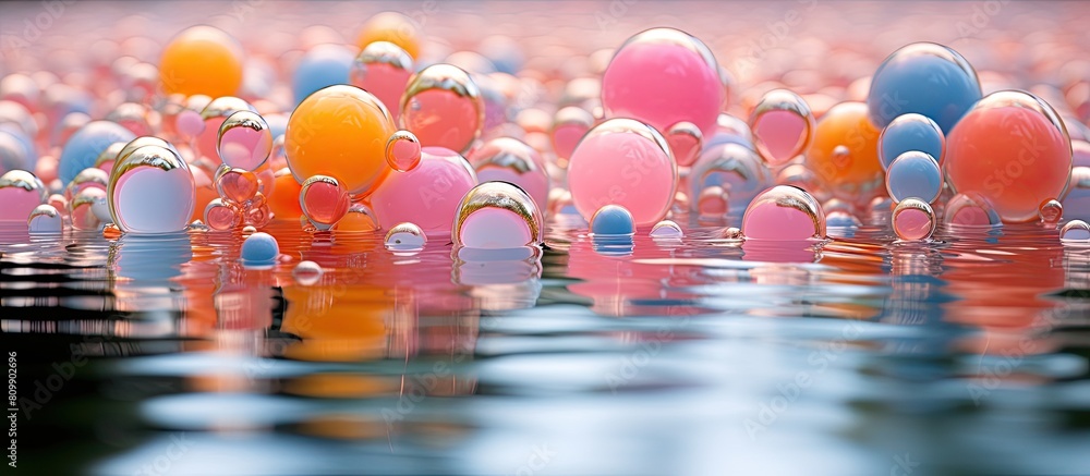 Poster The pond is filled with a variety of pastel colored balls creating a captivating and vibrant display. Creative banner. Copyspace image