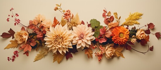 Fototapeta premium A stunning autumn arrangement of flowers and leaves beautifully arranged in the garden captured from above The composition appears as a flat layout with a copy space image set against a beige backgro
