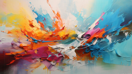 Vibrant abstract painting, dynamic splashes of colorful paint, energetic and emotional expression