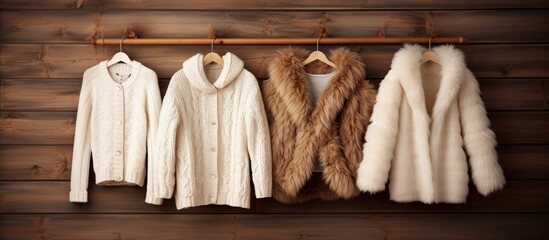 A wooden background with a hanger holding knitted sweaters fur jacket and coat copy space image