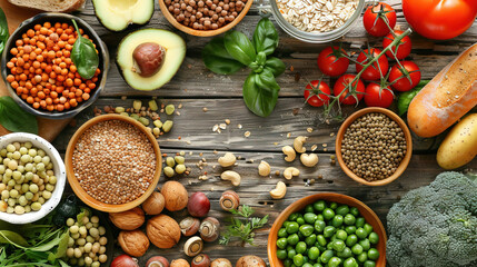 Healthy ingredients. Fruits, vegetables, spices and herbs on wooden table.