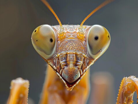 In a macro shot, the head of a praying mantis exhibits its triangular face and keen eyes, high resolution DSLR