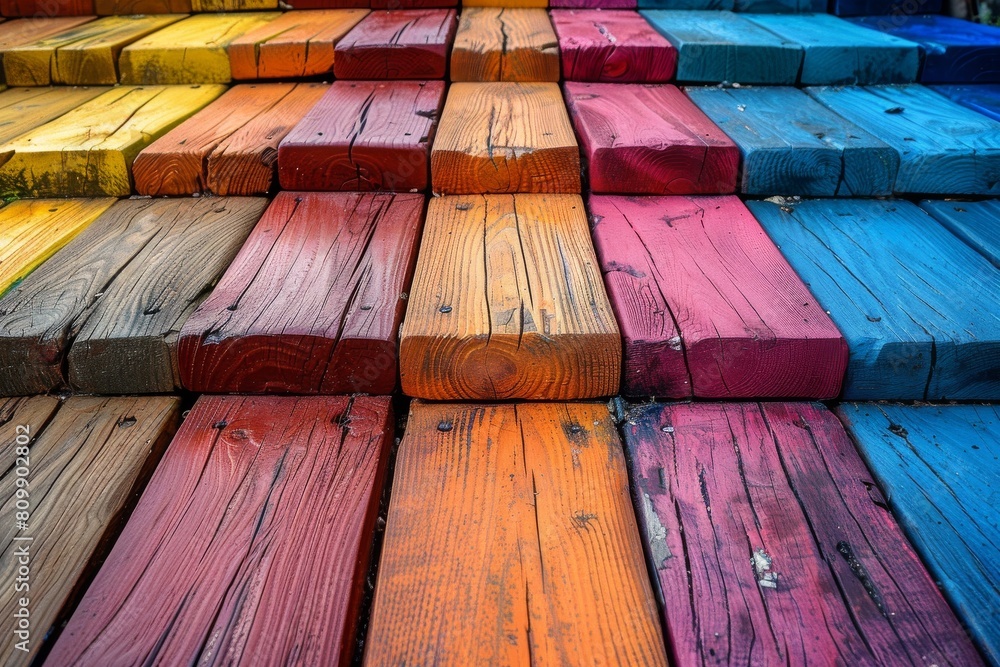 Poster close-up of multi-colored wooden planks arranged side by side, highlighting textures and patterns wi