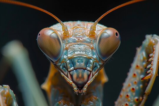 In a macro shot, the head of a praying mantis exhibits its triangular face and keen eyes, high resolution DSLR