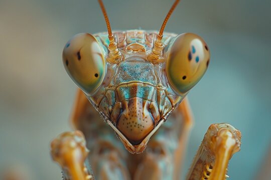 In a macro shot, the head of a praying mantis exhibits its triangular face and keen eyes, high resolution DSLR