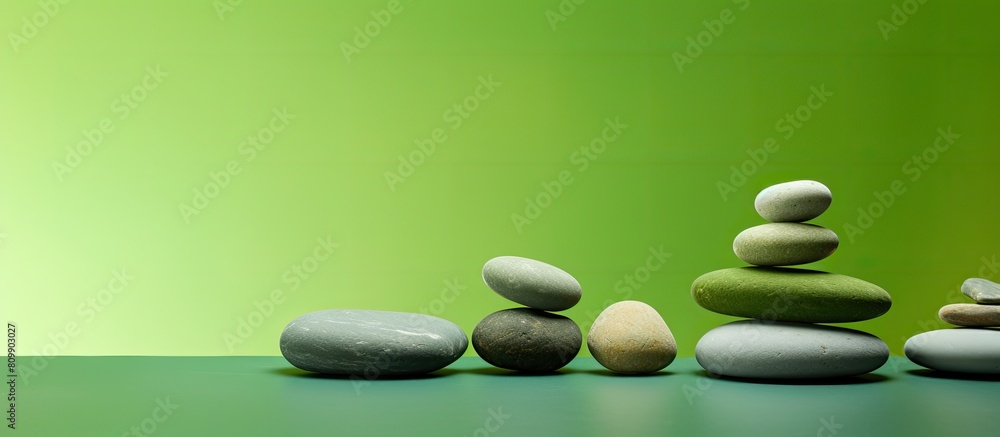 Aufkleber A copy space image showcasing balanced pebbles neatly arranged on a foamy surface against a vibrant green backdrop