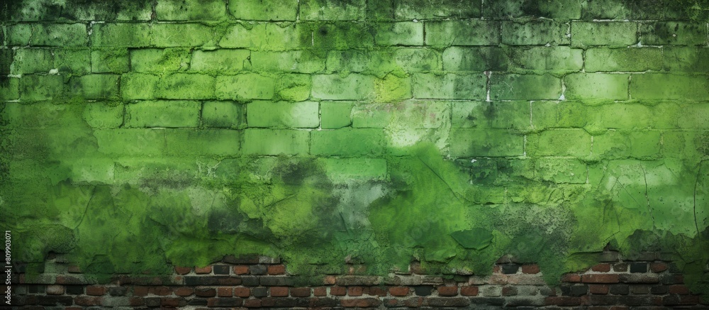 Poster image of a stained brick wall texture with algae creating a captivating background with abundant cop