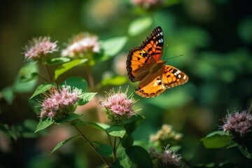 Obraz premium A colorful butterfly perches on pink flowers with a soft, bokeh background
