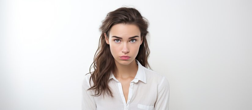An attractive clueless woman with a blank expression portrayed in a photograph with a white background with copy space