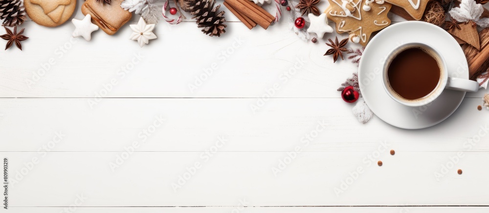 Poster top view of a christmas themed tea cup accompanied by gingerbread cookies and other sweet treats pla