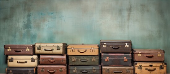 Copy space image of vintage suitcases positioned against a background or texture featuring a metal wall