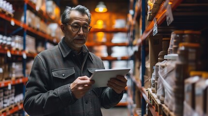 Asia male manager using digital tablet working in warehouse