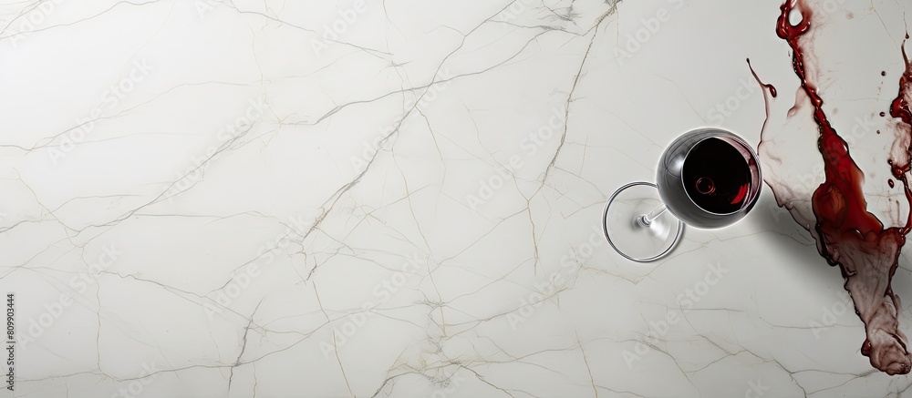 Poster a copy space image of red wine spilled on a sleek marble table