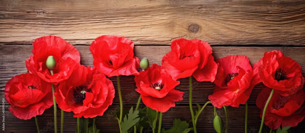Aufkleber poppy flowers displayed on a wooden background with copy space for adding images or text